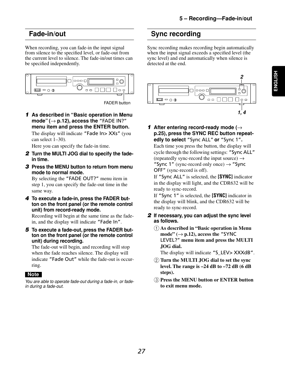 Fade-in/out, Sync recording | Marantz CDR632 User Manual | Page 27 / 40