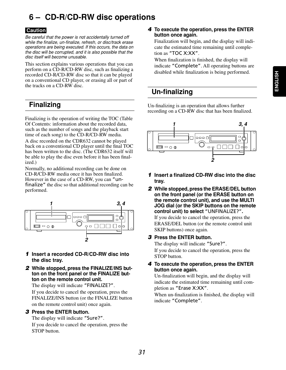 6 – cd-r/cd-rw disc operations, Finalizing, Un-finalizing | Marantz CDR632 User Manual | Page 31 / 40