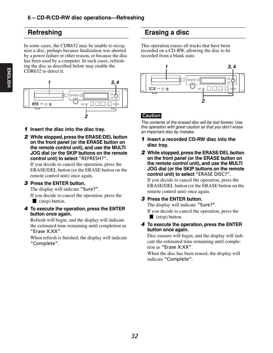 Refreshing, Erasing a disc | Marantz CDR632 User Manual | Page 32 / 40