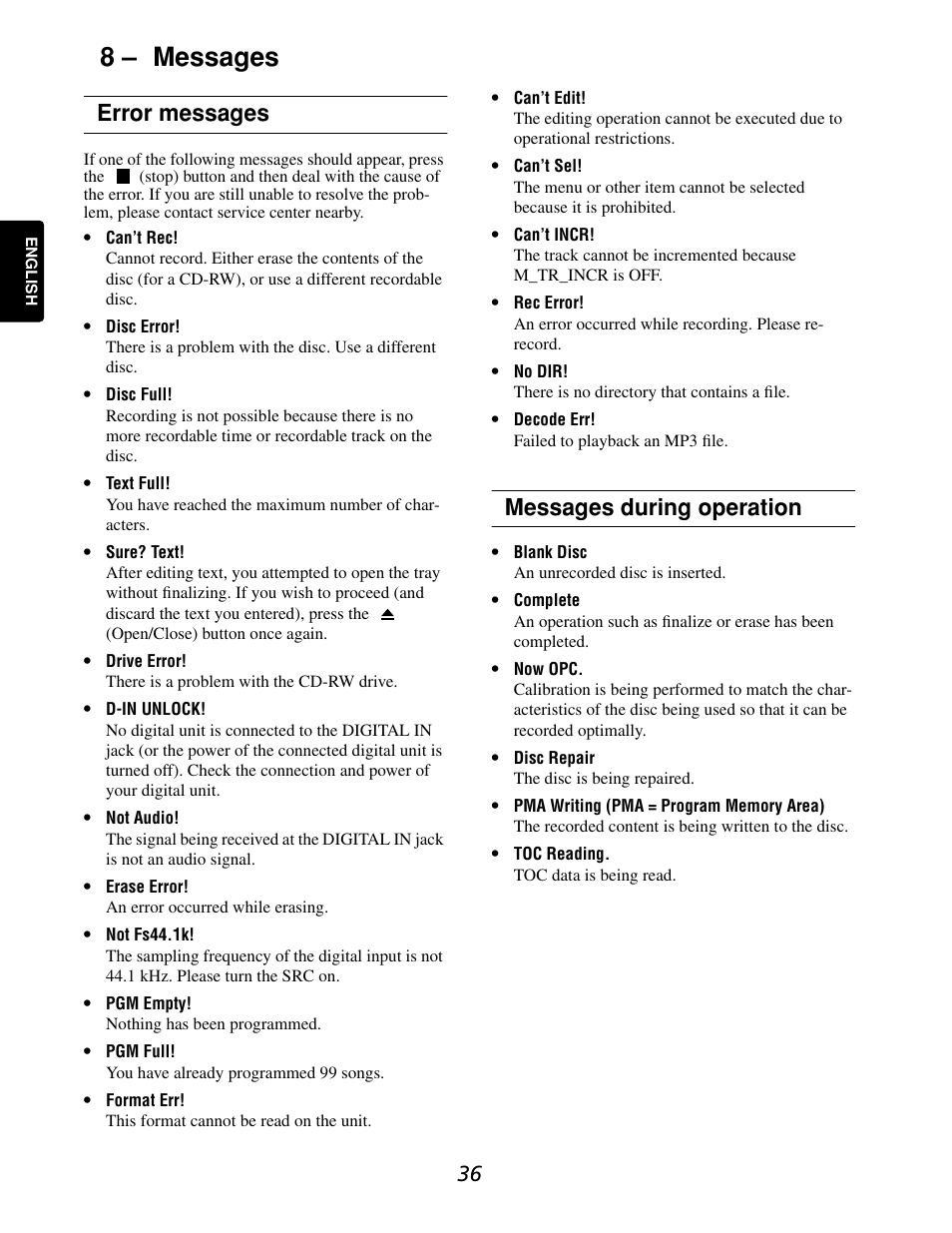 8 – messages, Error messages, Messages during operation | Marantz CDR632 User Manual | Page 36 / 40