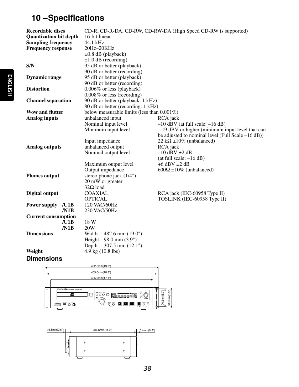 10 –specifications | Marantz CDR632 User Manual | Page 38 / 40