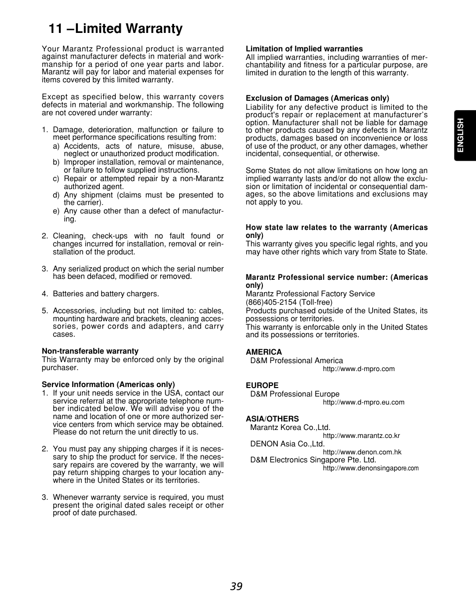 11 –limited warranty | Marantz CDR632 User Manual | Page 39 / 40