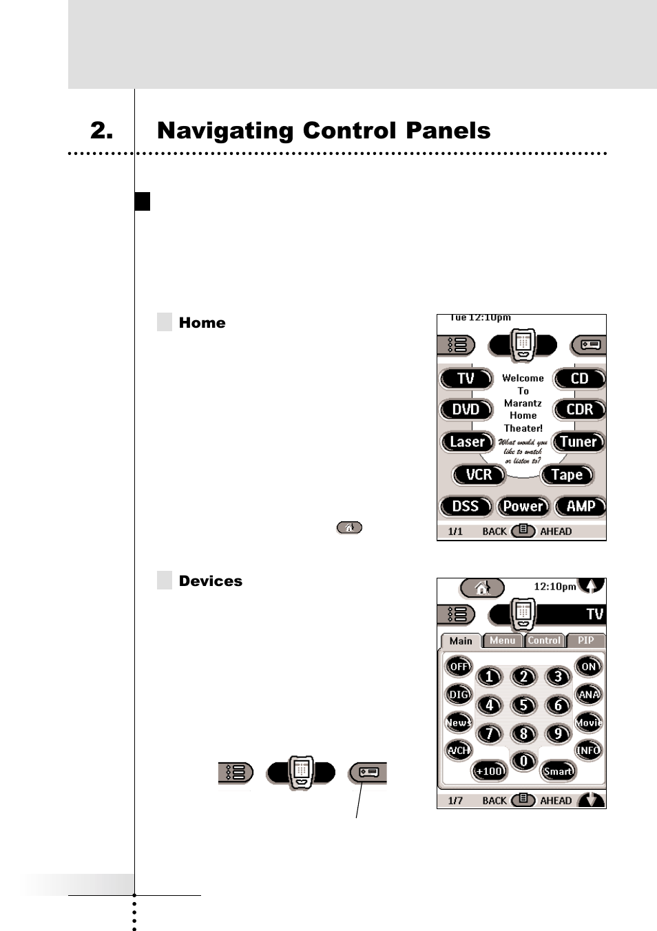 Navigating control panels, Getting started, Three divisions of control panel types | Marantz RC5000i User Manual | Page 9 / 64