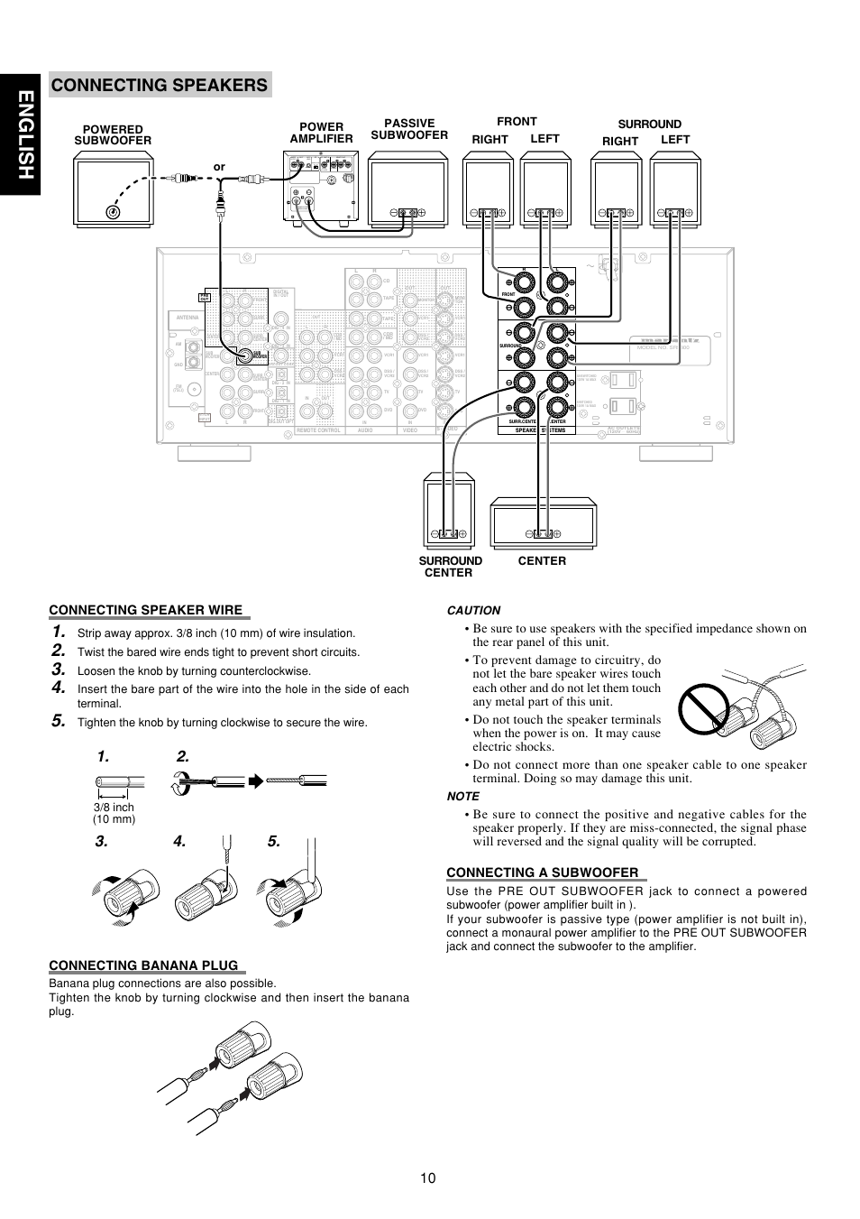 English, Connecting speakers, Connecting speaker wire | Connecting banana plug, Caution, Loosen the knob by turning counterclockwise | Marantz SR5300 User Manual | Page 16 / 40