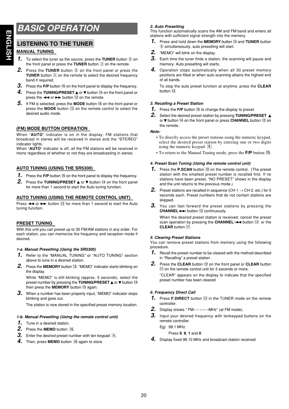 Basic operation, English, Listening to the tuner | Marantz SR5300 User Manual | Page 26 / 40