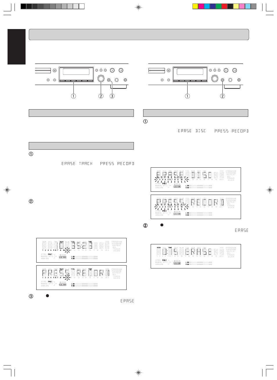 Erasing, English, Qw e erasing | Erasing one or more tracks from the end, Erasing the entire disc | Marantz DR6000 User Manual | Page 14 / 25