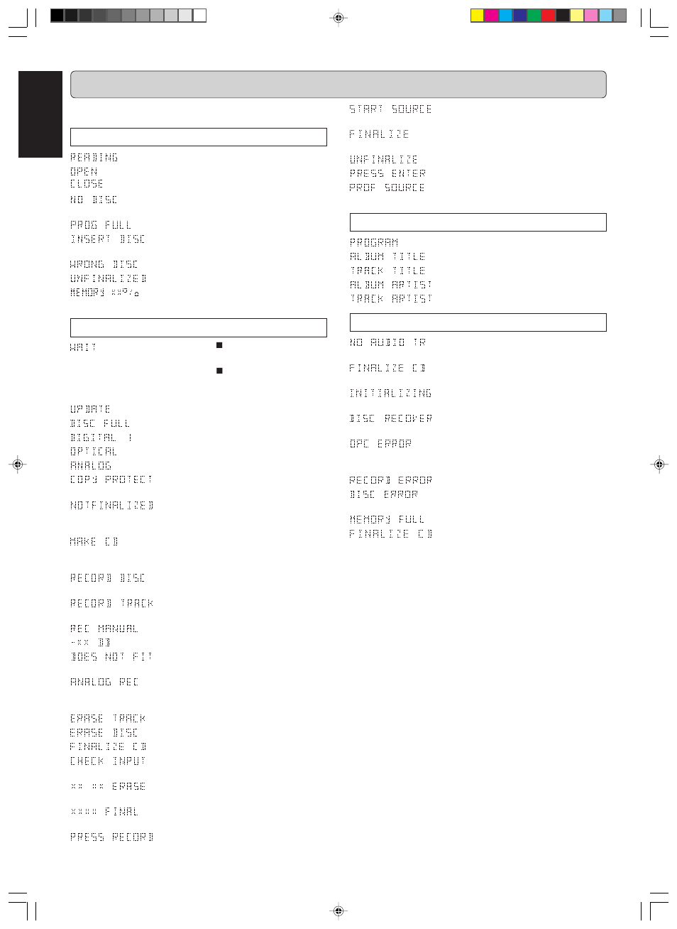 Display, English, General | Recording, Play, Others | Marantz DR6000 User Manual | Page 20 / 25