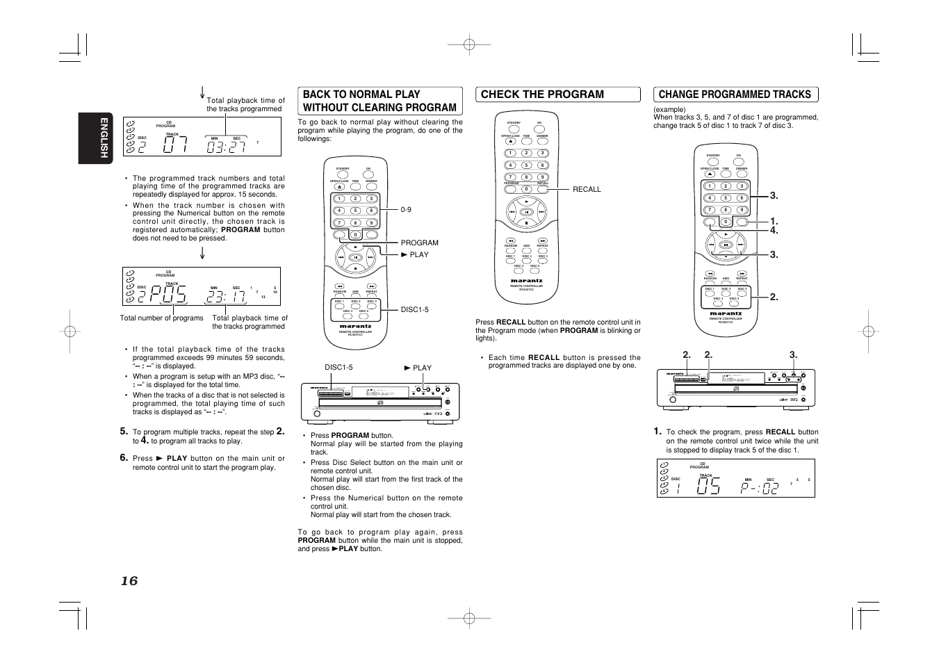 Change programmed tracks, Check the program, Back to normal play without clearing program | Marantz CC4001 User Manual | Page 19 / 24