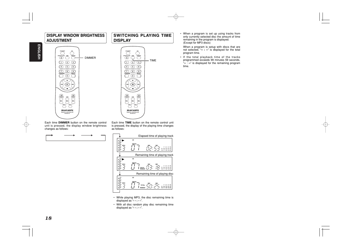 Display window brightness adjustment, Switching playing time display, English | Marantz CC4001 User Manual | Page 21 / 24