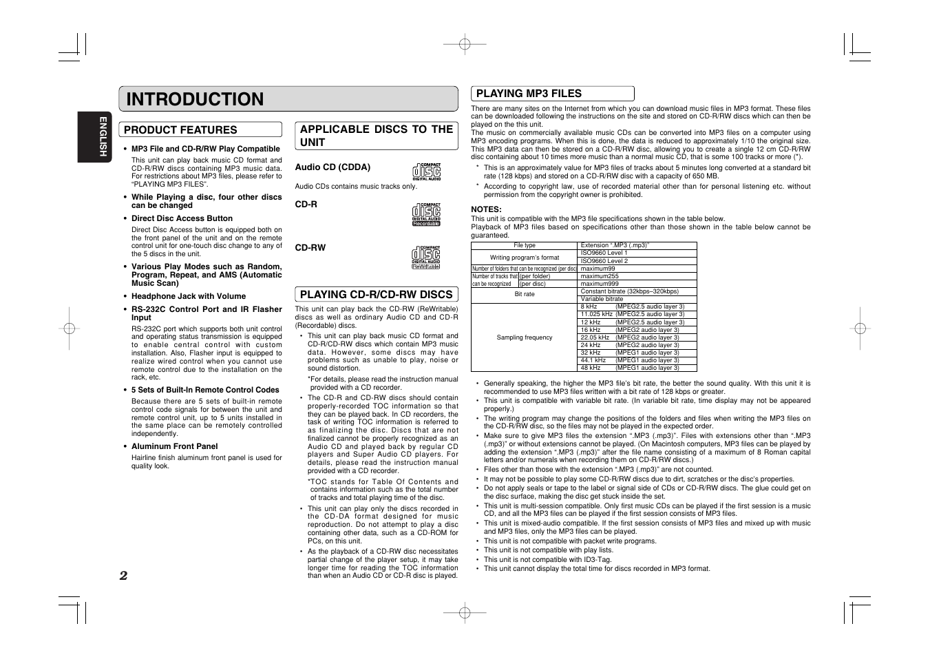 Introduction, Product features, Applicable discs to the unit | Playing cd-r/cd-rw discs, Playing mp3 files | Marantz CC4001 User Manual | Page 5 / 24