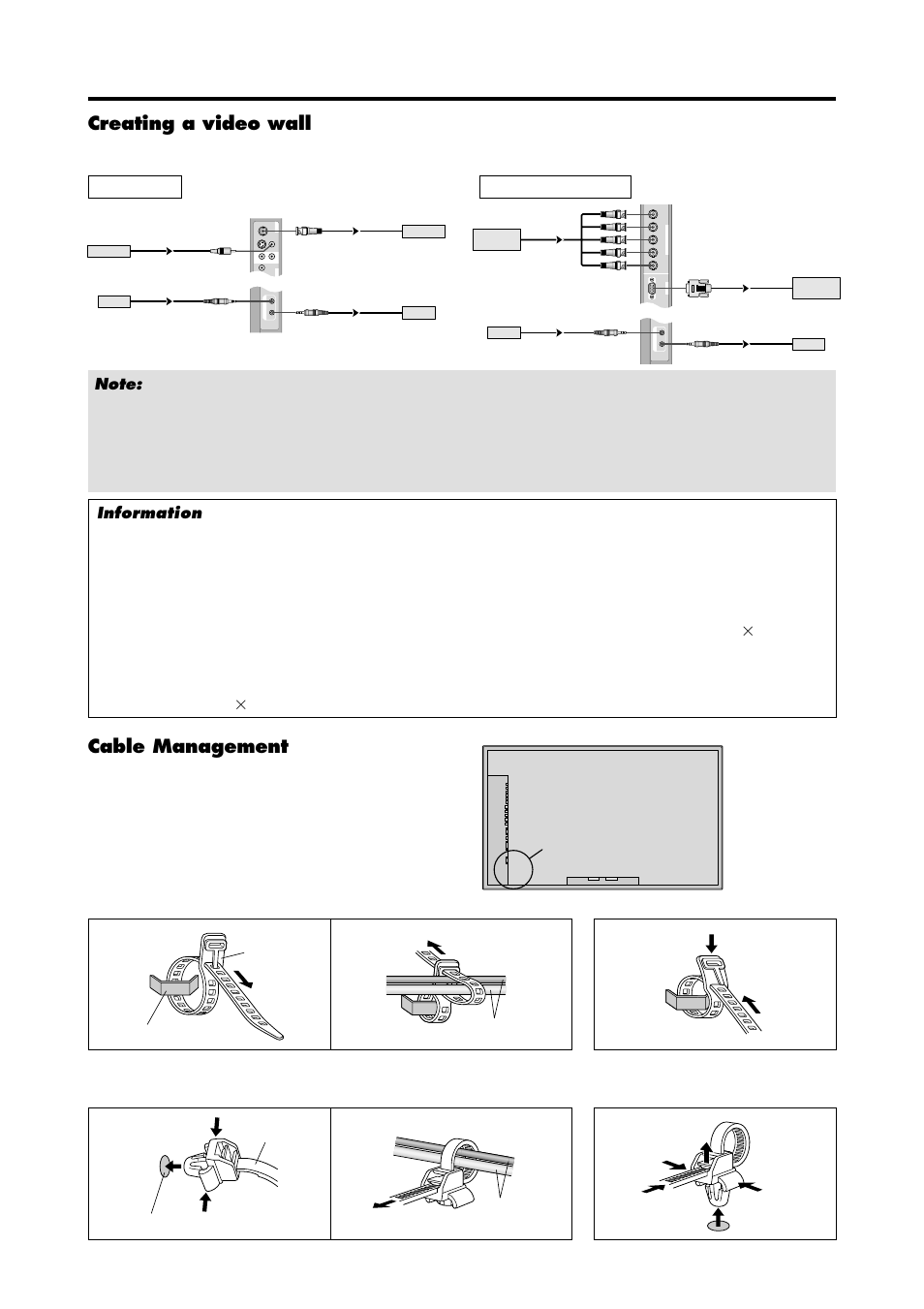 Creating a video wall, Cable management, Clamp mounting hook cables | Clamp mounting hole cables, In/o u t ), Mono ) | Marantz PD4240D User Manual | Page 17 / 60