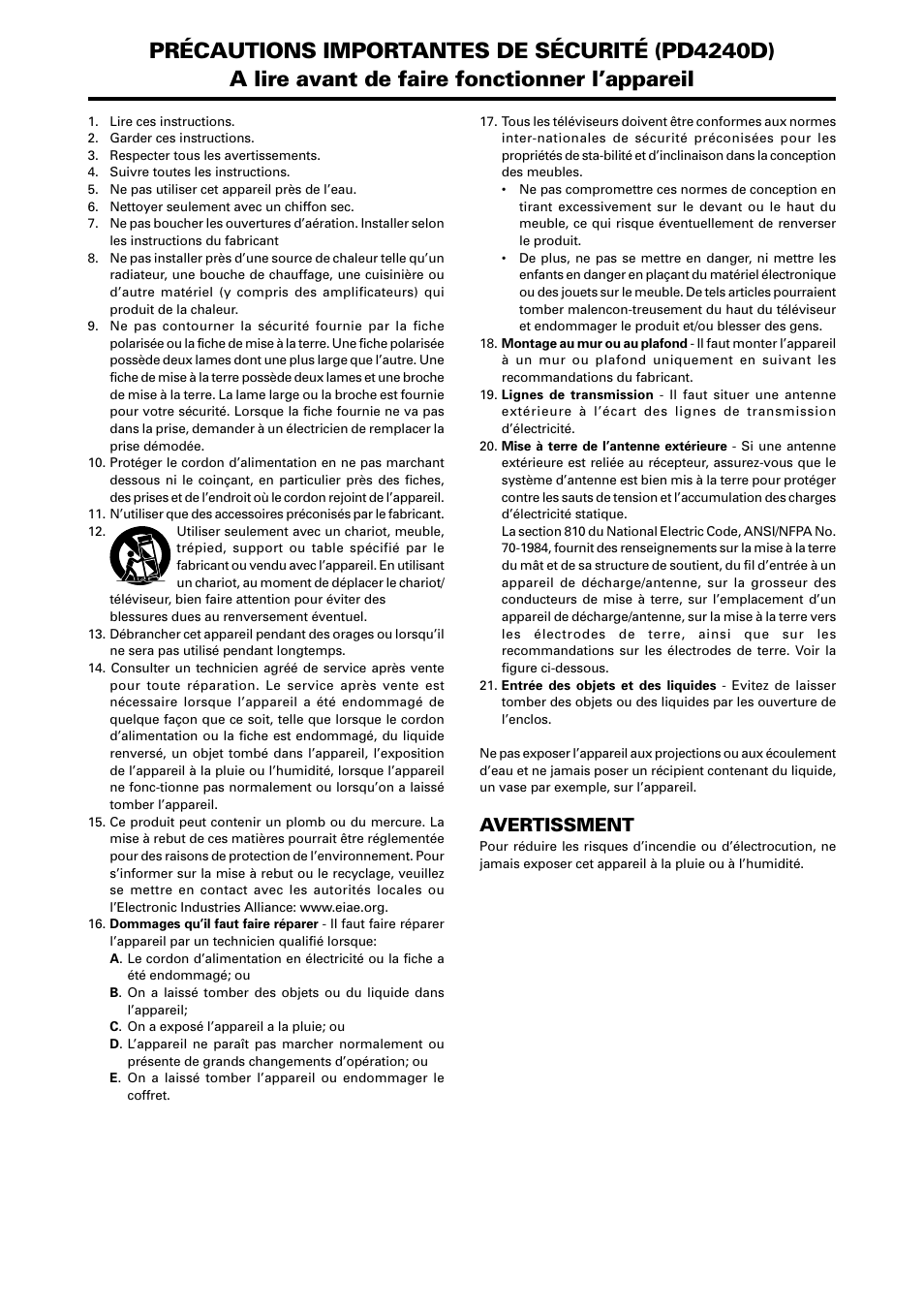 Avertissment | Marantz PD4240D User Manual | Page 54 / 60