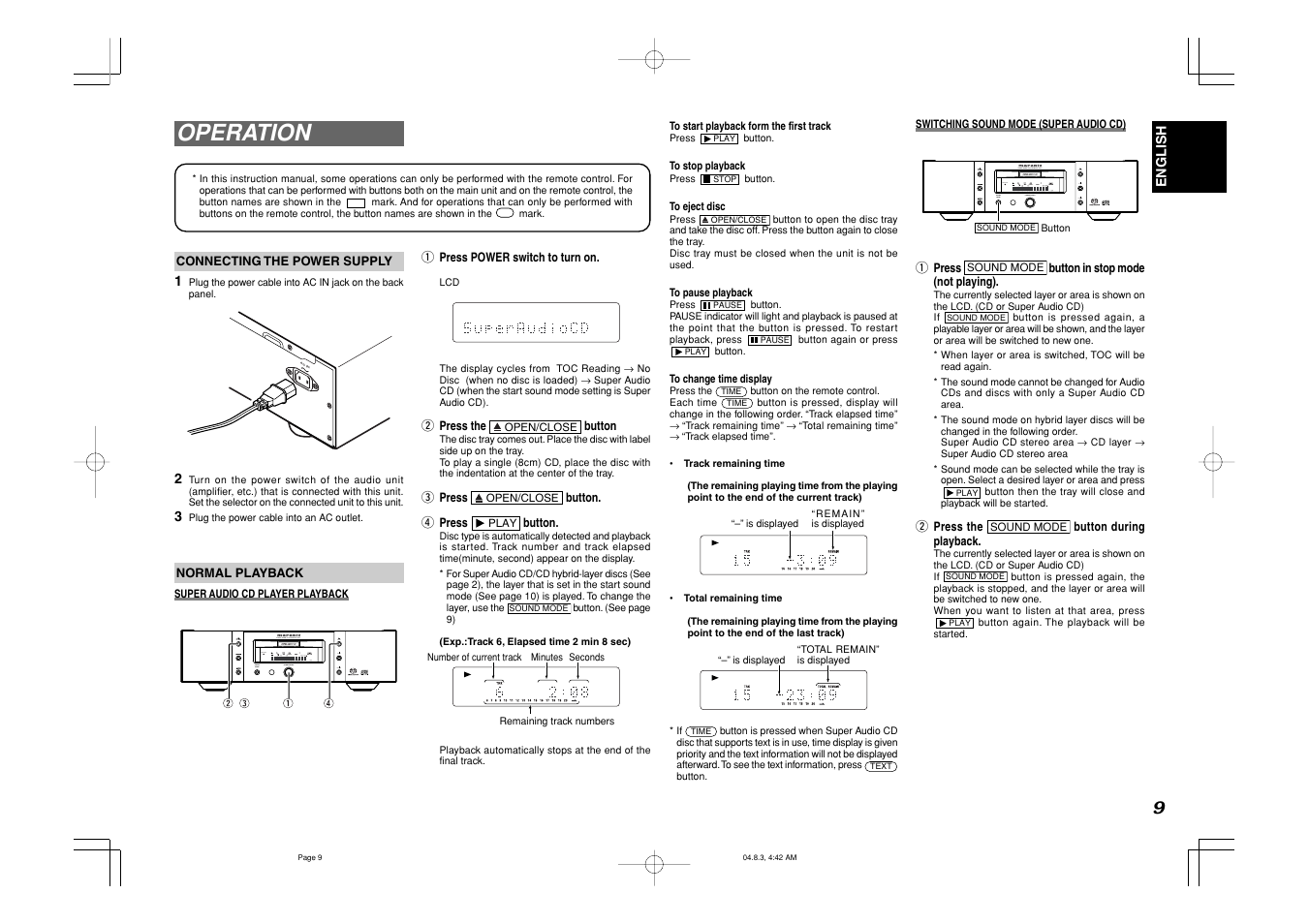 Operation, Display off, Ac in | Marantz SA-11S1 User Manual | Page 13 / 19