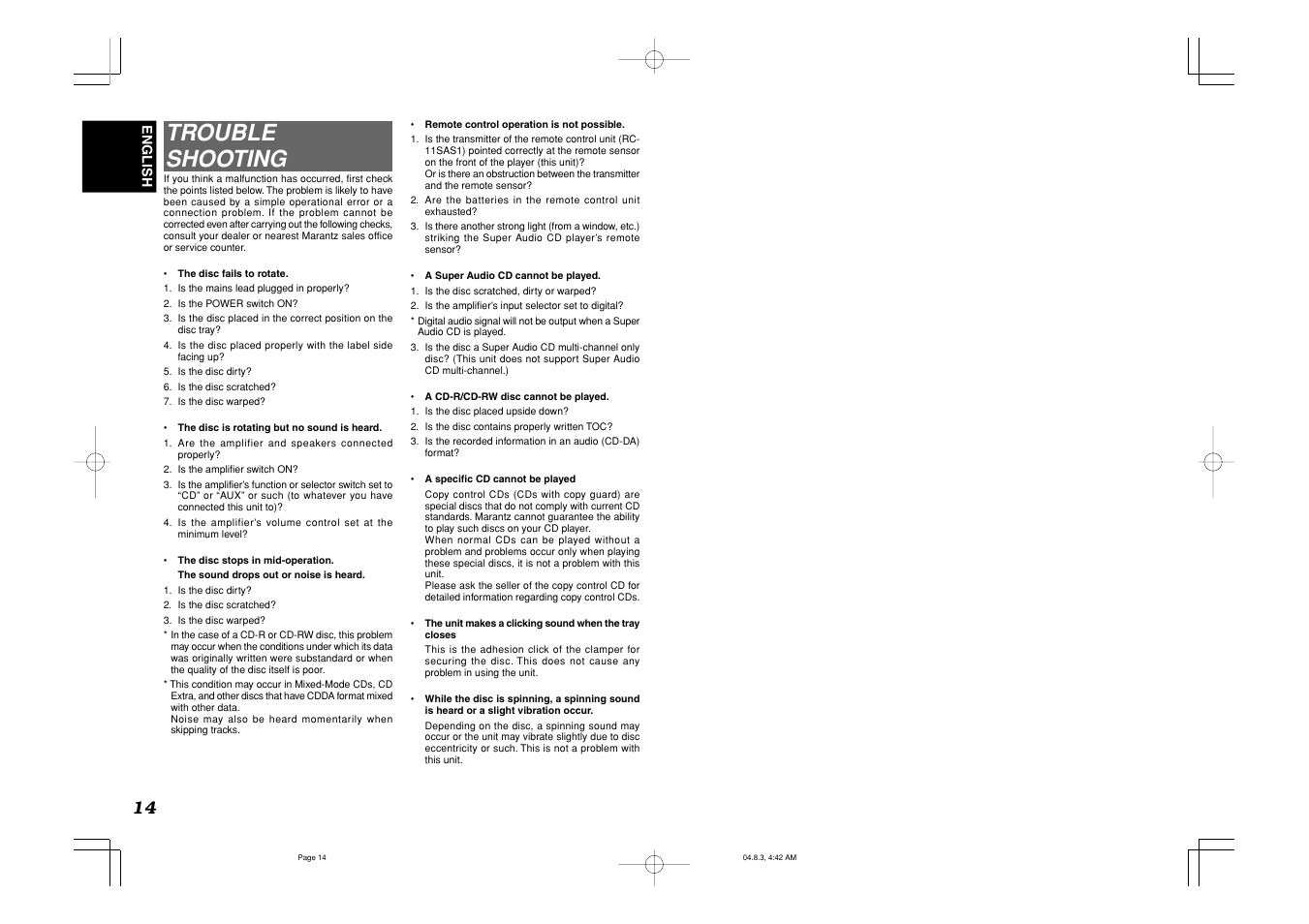 Trouble shooting | Marantz SA-11S1 User Manual | Page 18 / 19