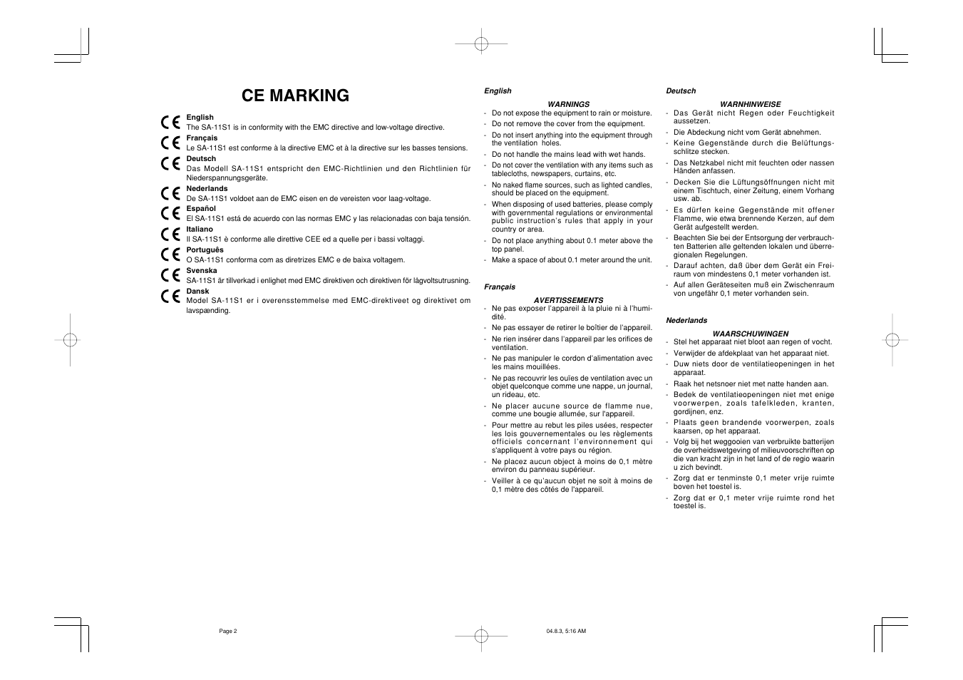 Ce marking | Marantz SA-11S1 User Manual | Page 3 / 19