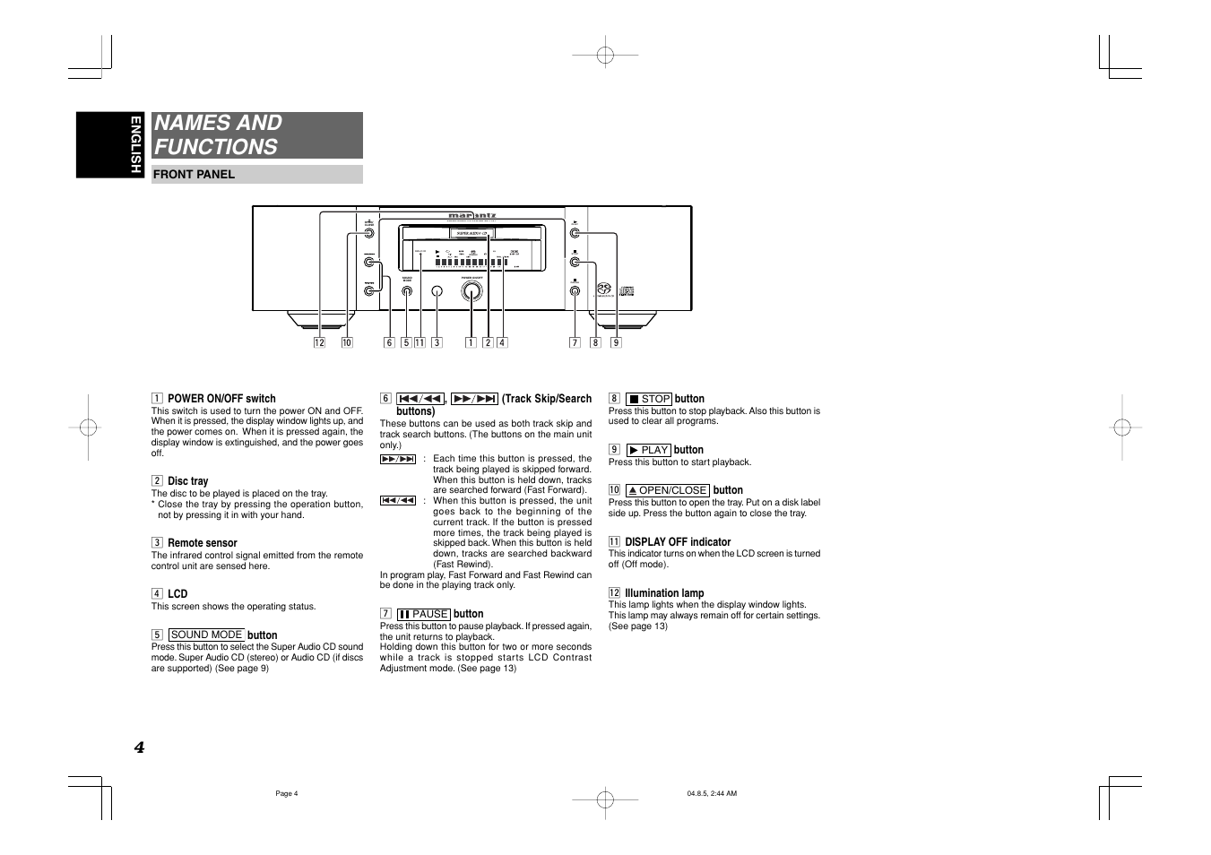 Names and functions, Pause stop play display off, Super audio cd player sa-11s1 | Marantz SA-11S1 User Manual | Page 8 / 19