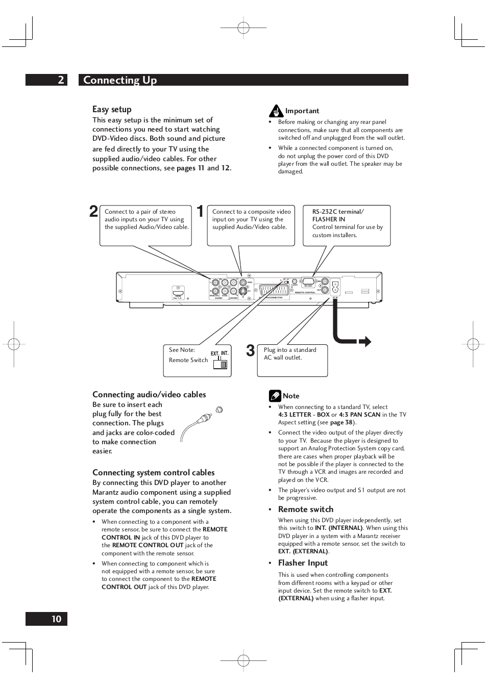 Connecting up 2, Easy setup, Connecting audio/video cables | Connecting system control cables, Remote switch, Flasher input | Marantz DV4001 User Manual | Page 10 / 54