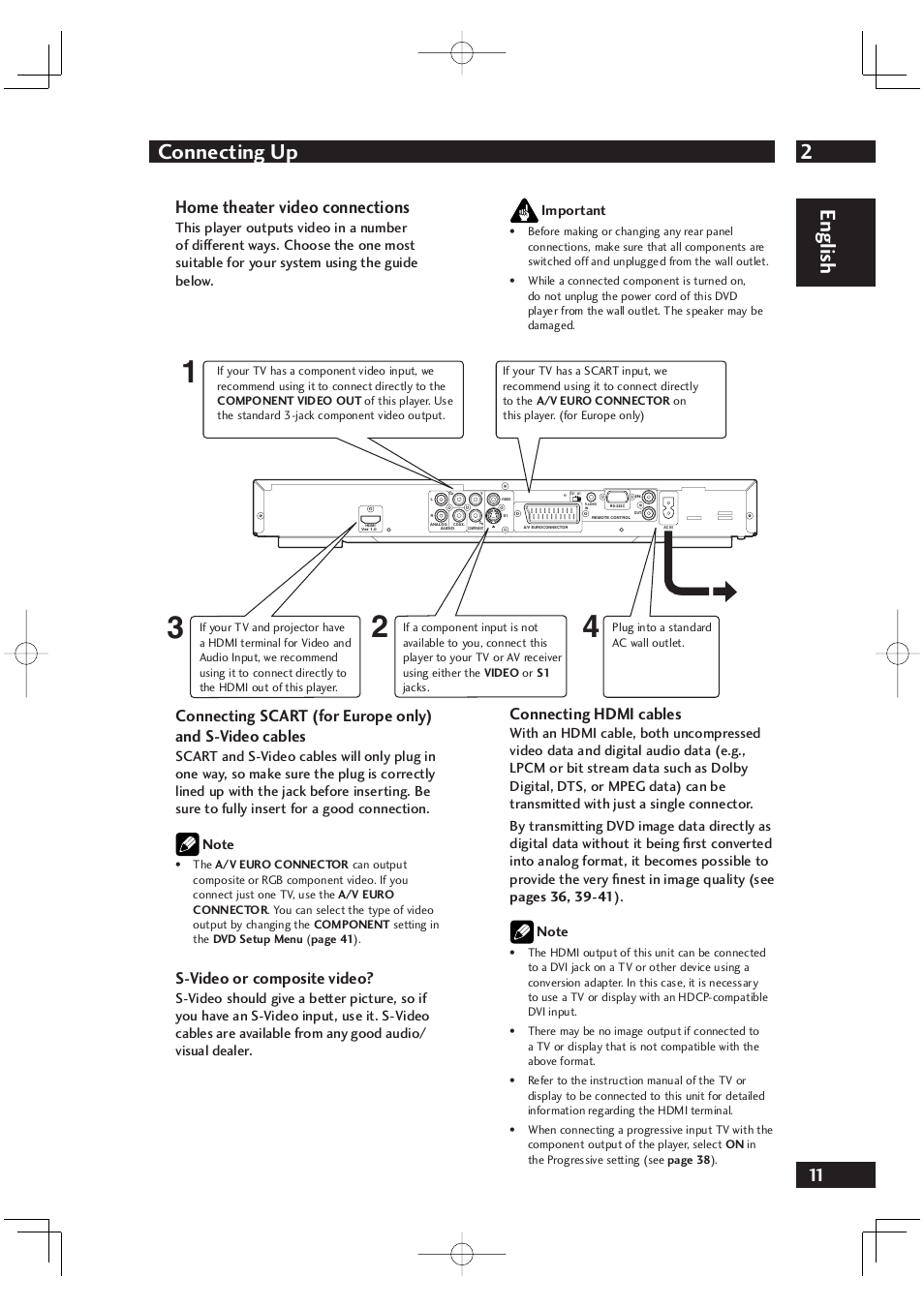 2connecting up, English, Home theater video con nec tions | S-video or composite video, Connecting hdmi cables, Important | Marantz DV4001 User Manual | Page 11 / 54