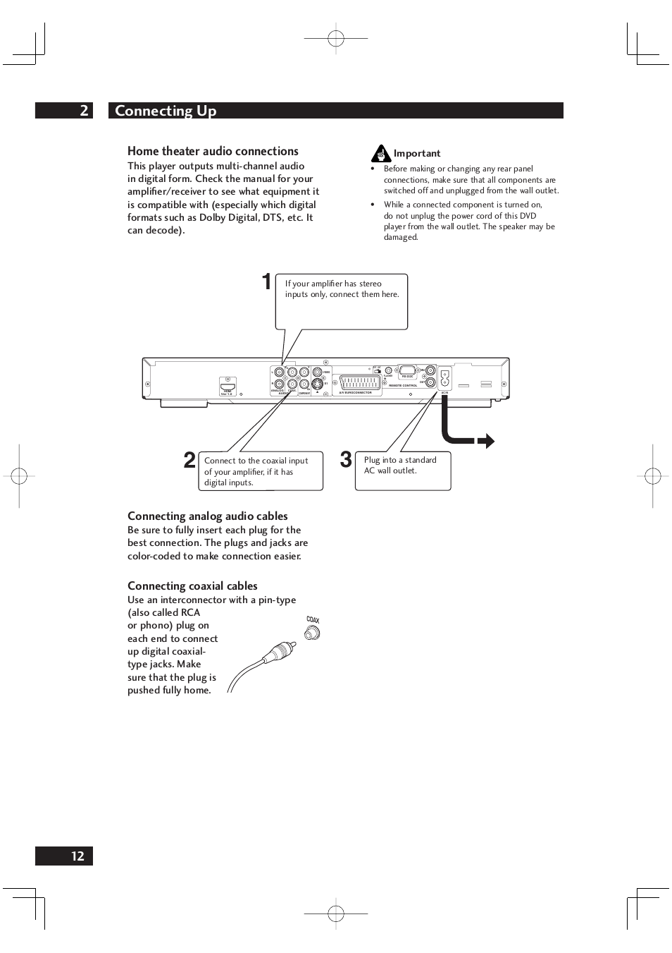 Connecting up 2, Home theater audio connections, Connecting analog audio cables | Connecting coaxial cables | Marantz DV4001 User Manual | Page 12 / 54