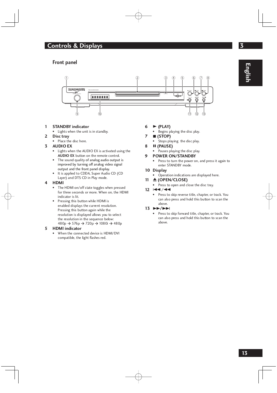 3controls & displays, English, Front panel | Marantz DV4001 User Manual | Page 13 / 54