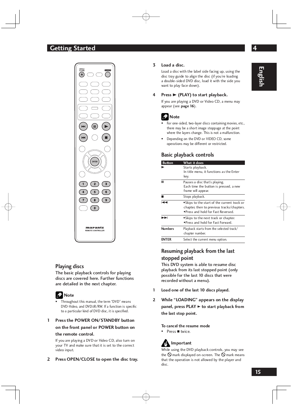 4getting started, English, Playing discs | Basic playback controls, Resuming playback from the last stopped point | Marantz DV4001 User Manual | Page 15 / 54