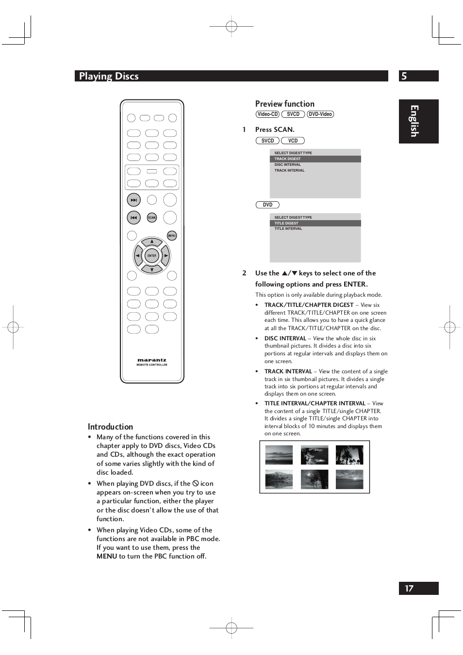 5playing discs, English, Introduction | Preview function | Marantz DV4001 User Manual | Page 17 / 54