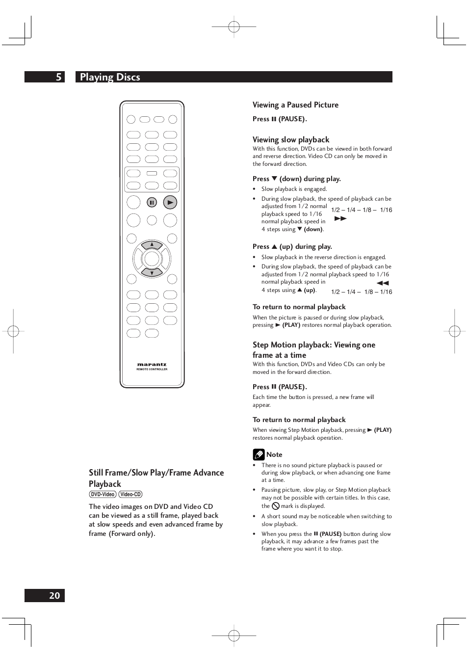 Playing discs 5, 20 still frame/slow play/frame advance playback | Marantz DV4001 User Manual | Page 20 / 54