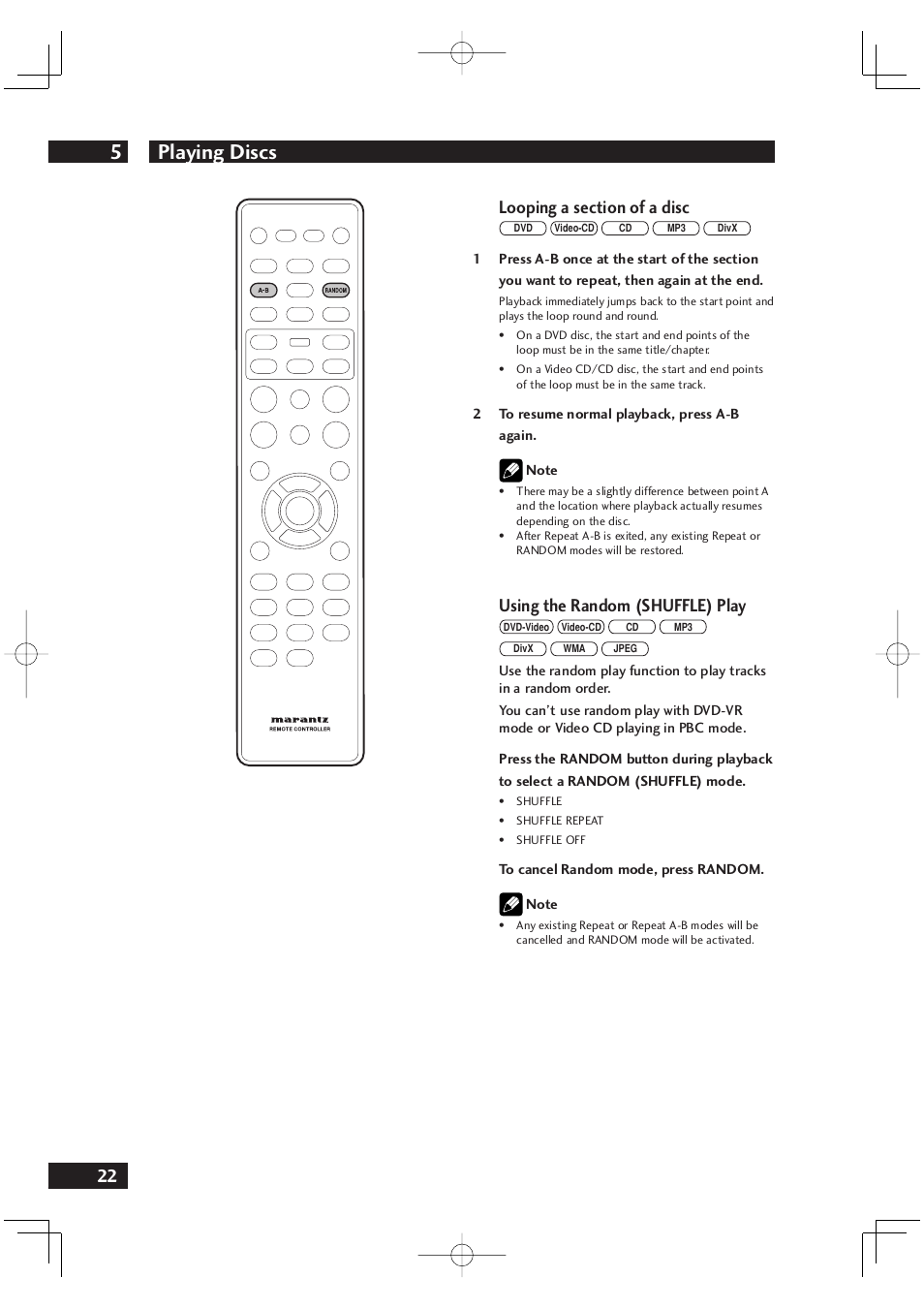 Playing discs 5, Using the random (shuffle) play | Marantz DV4001 User Manual | Page 22 / 54