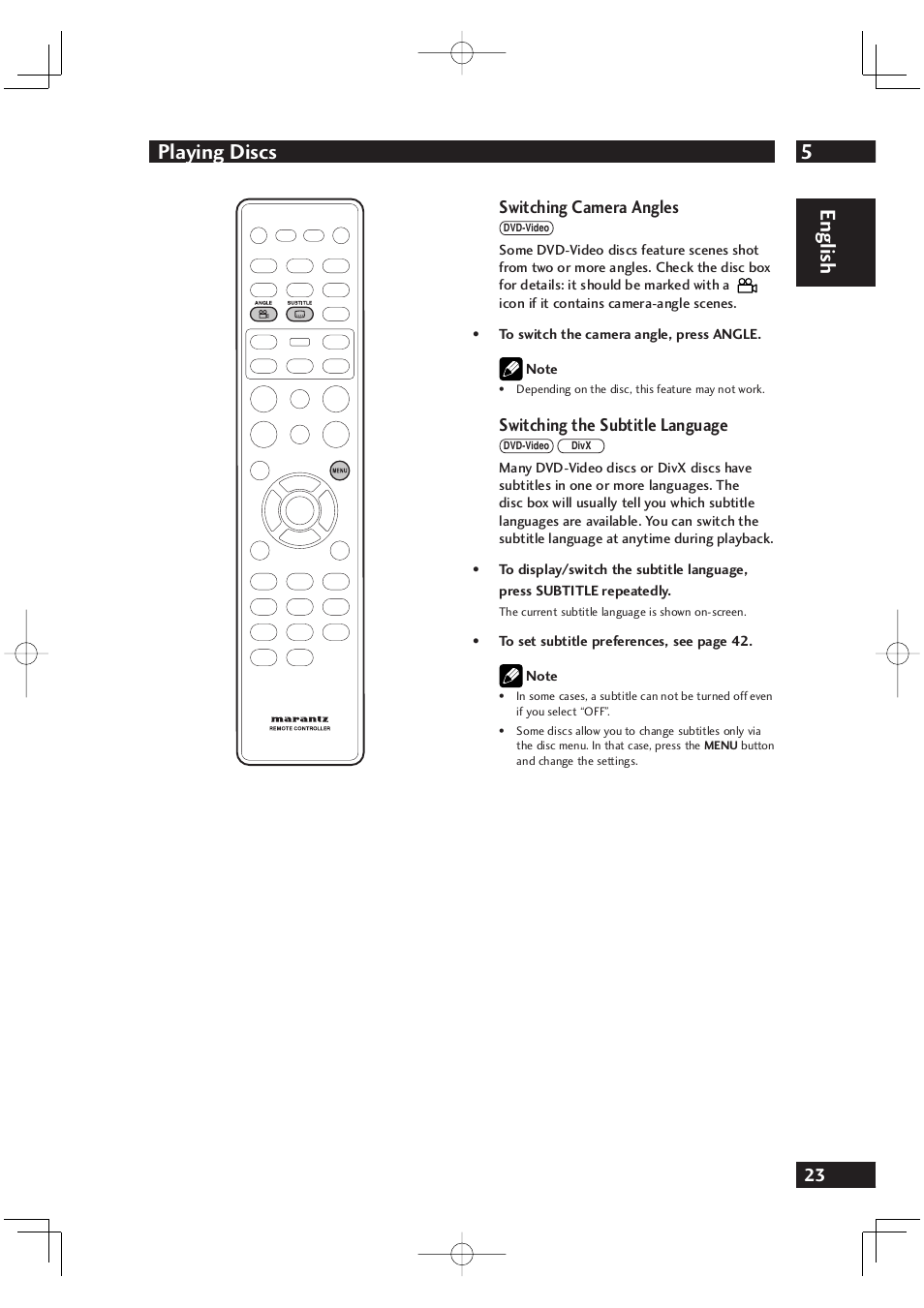 5playing discs, English, Switching camera angles | Switching the subtitle language | Marantz DV4001 User Manual | Page 23 / 54