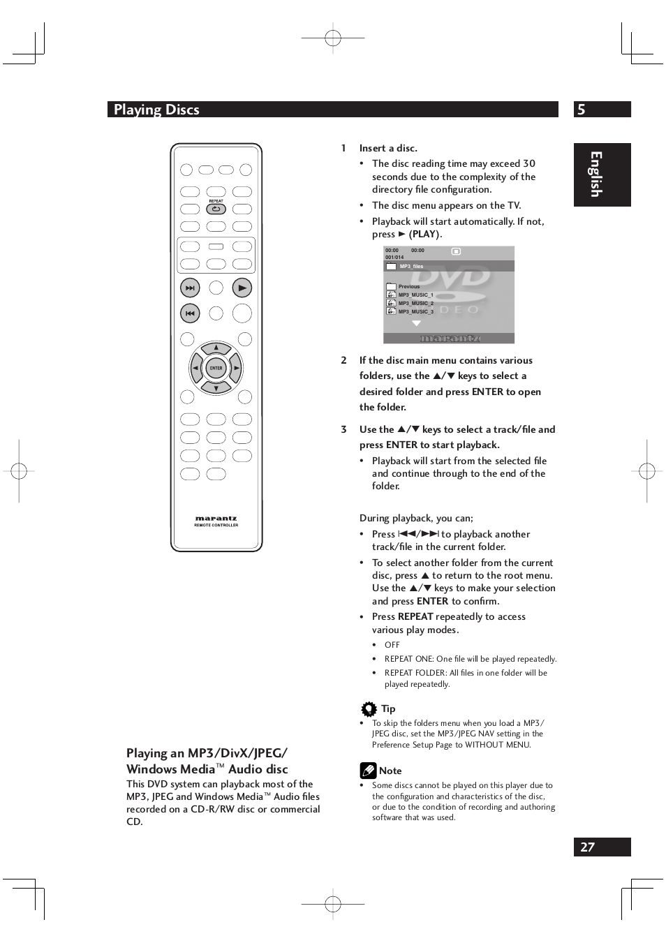 5playing discs, English, Playing an mp3/divx/jpeg/ windows media | Audio disc | Marantz DV4001 User Manual | Page 27 / 54