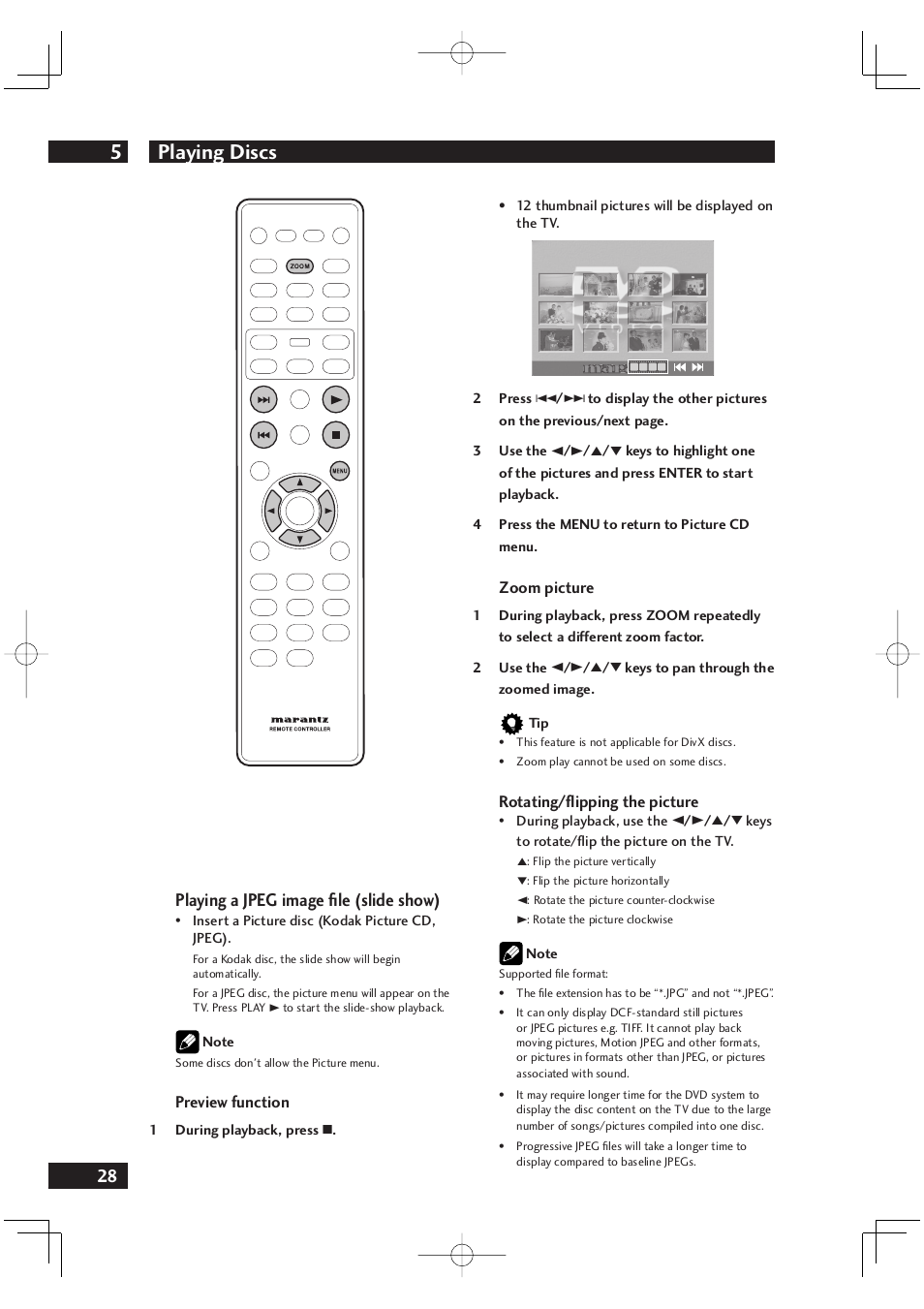 Playing discs 5, 28 playing a jpeg image fi le (slide show) | Marantz DV4001 User Manual | Page 28 / 54