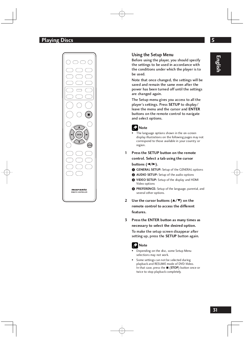 5playing discs, English, Using the setup menu | Marantz DV4001 User Manual | Page 31 / 54