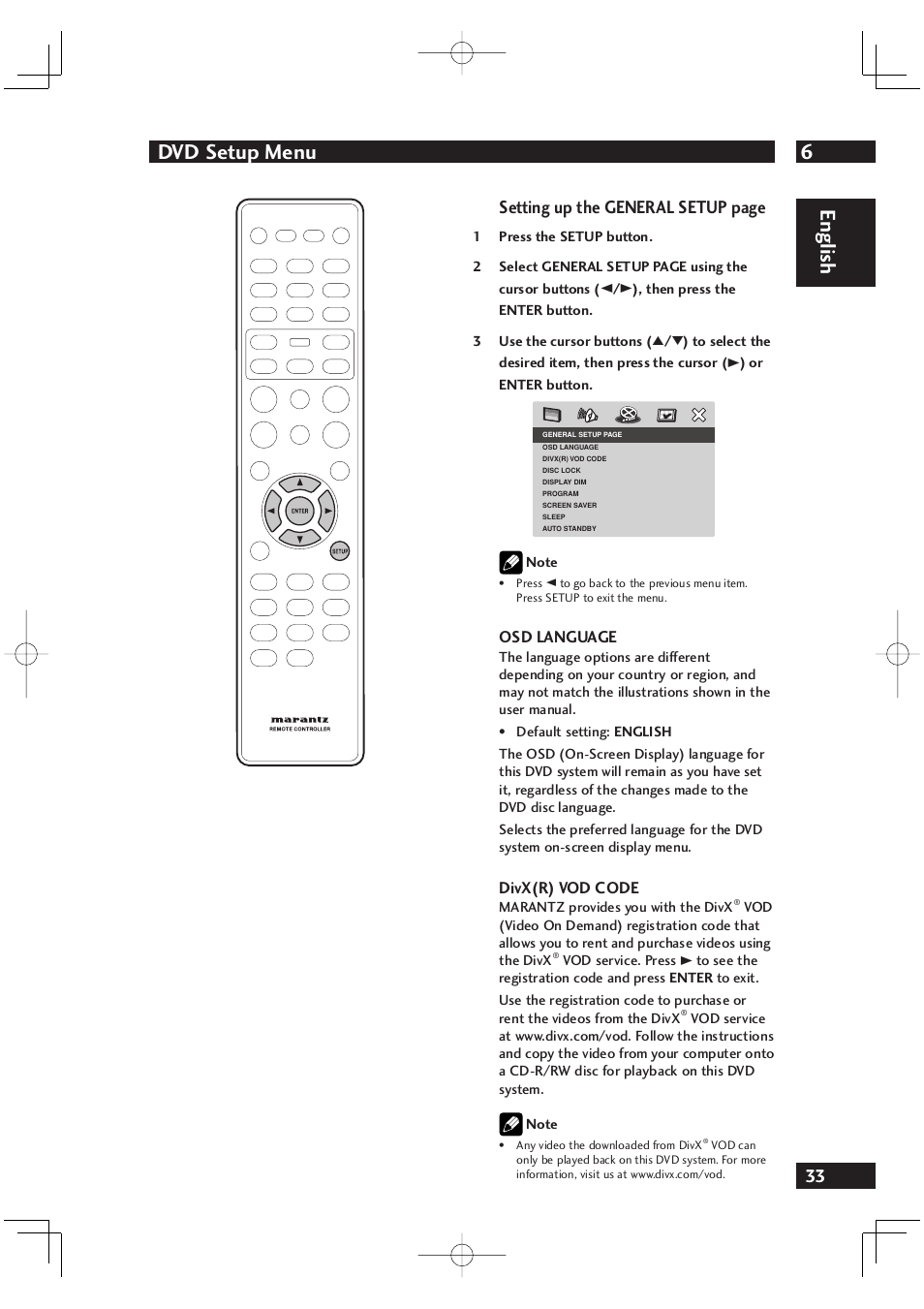 6dvd setup menu, English, Setting up the general setup page | Osd language, Divx(r) vod code | Marantz DV4001 User Manual | Page 33 / 54