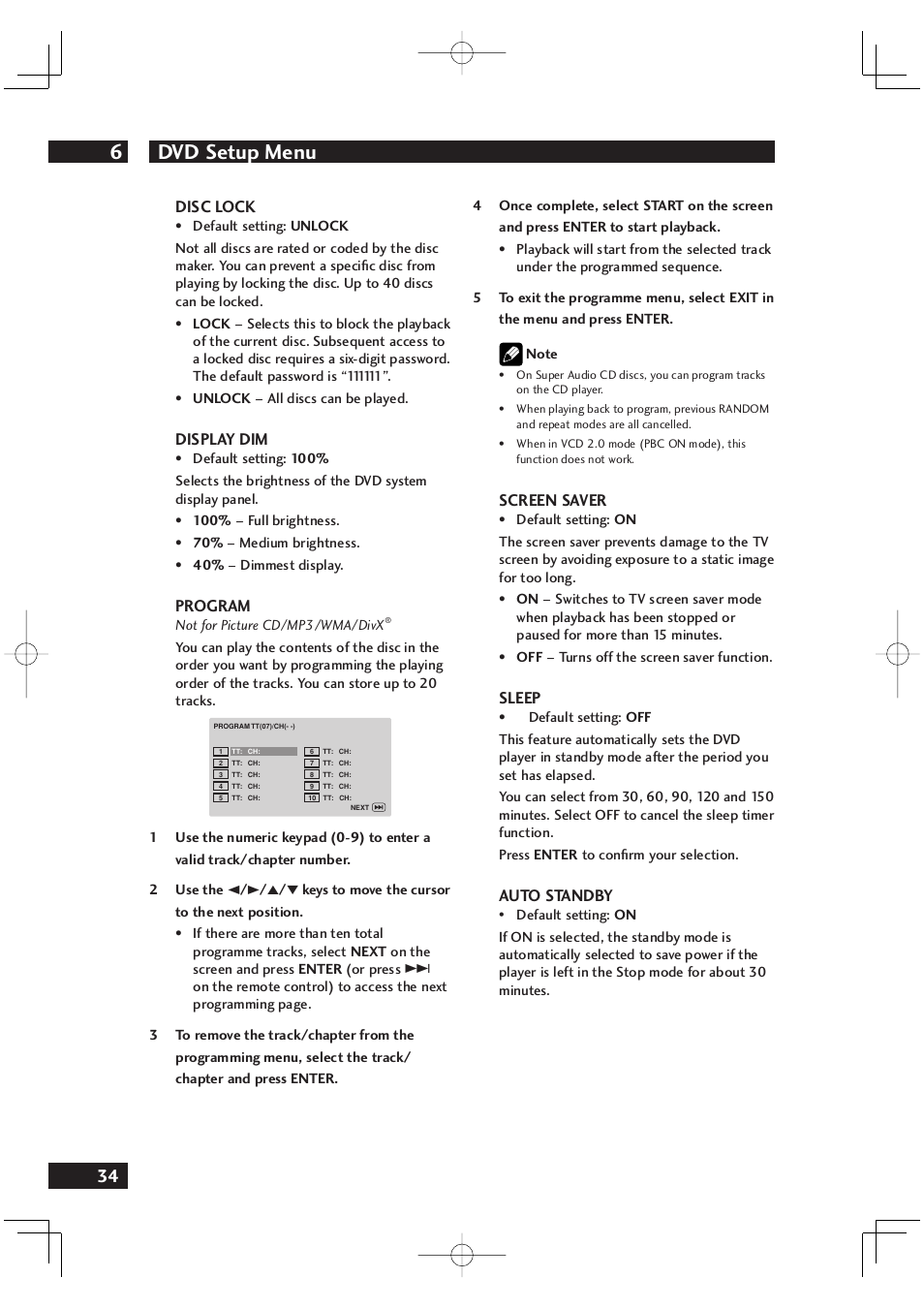 Dvd setup menu 6 | Marantz DV4001 User Manual | Page 34 / 54