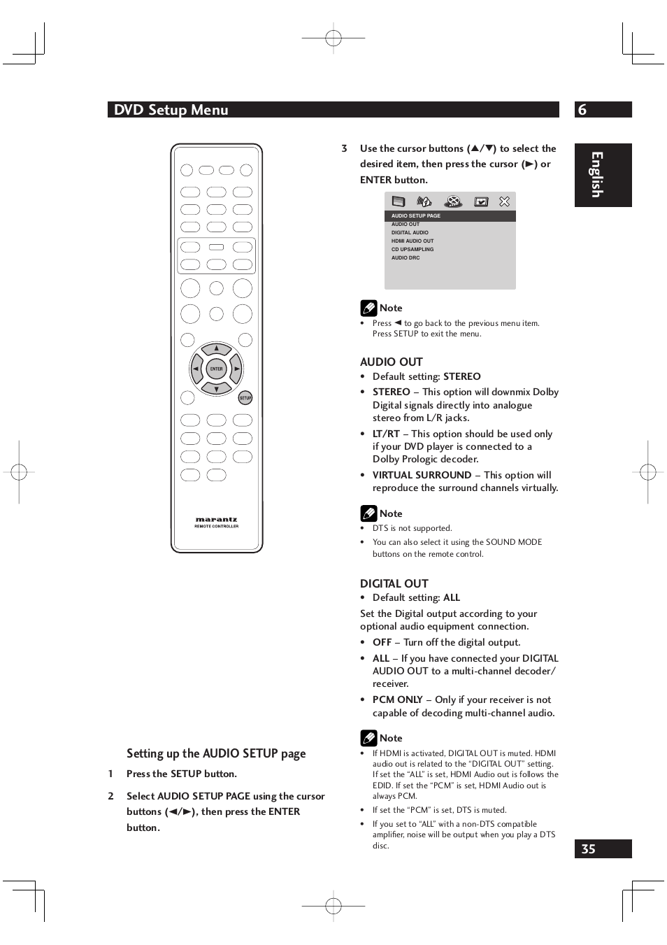 6dvd setup menu, English, Setting up the audio setup page | Marantz DV4001 User Manual | Page 35 / 54