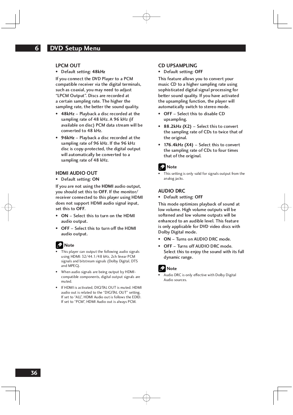 Dvd setup menu 6 | Marantz DV4001 User Manual | Page 36 / 54