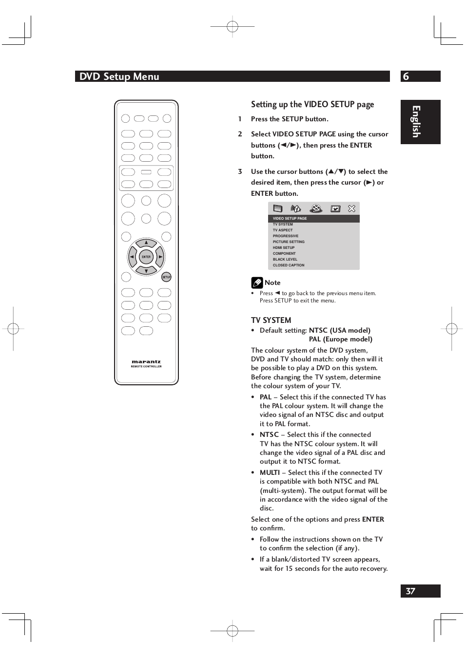 6dvd setup menu, English, Setting up the video setup page | Marantz DV4001 User Manual | Page 37 / 54