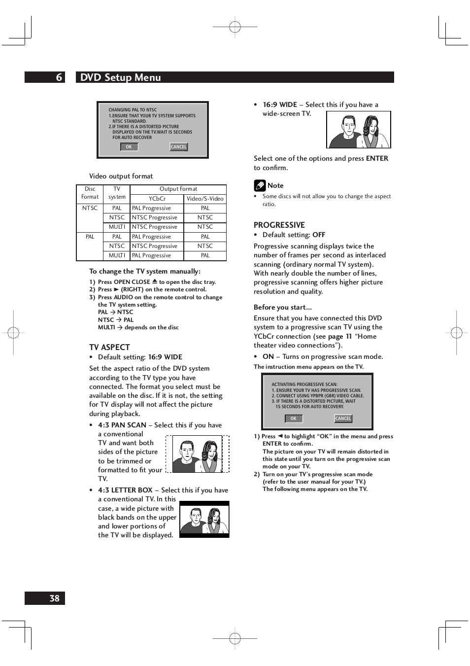 Dvd setup menu 6, Tv aspect, Progressive | Marantz DV4001 User Manual | Page 38 / 54