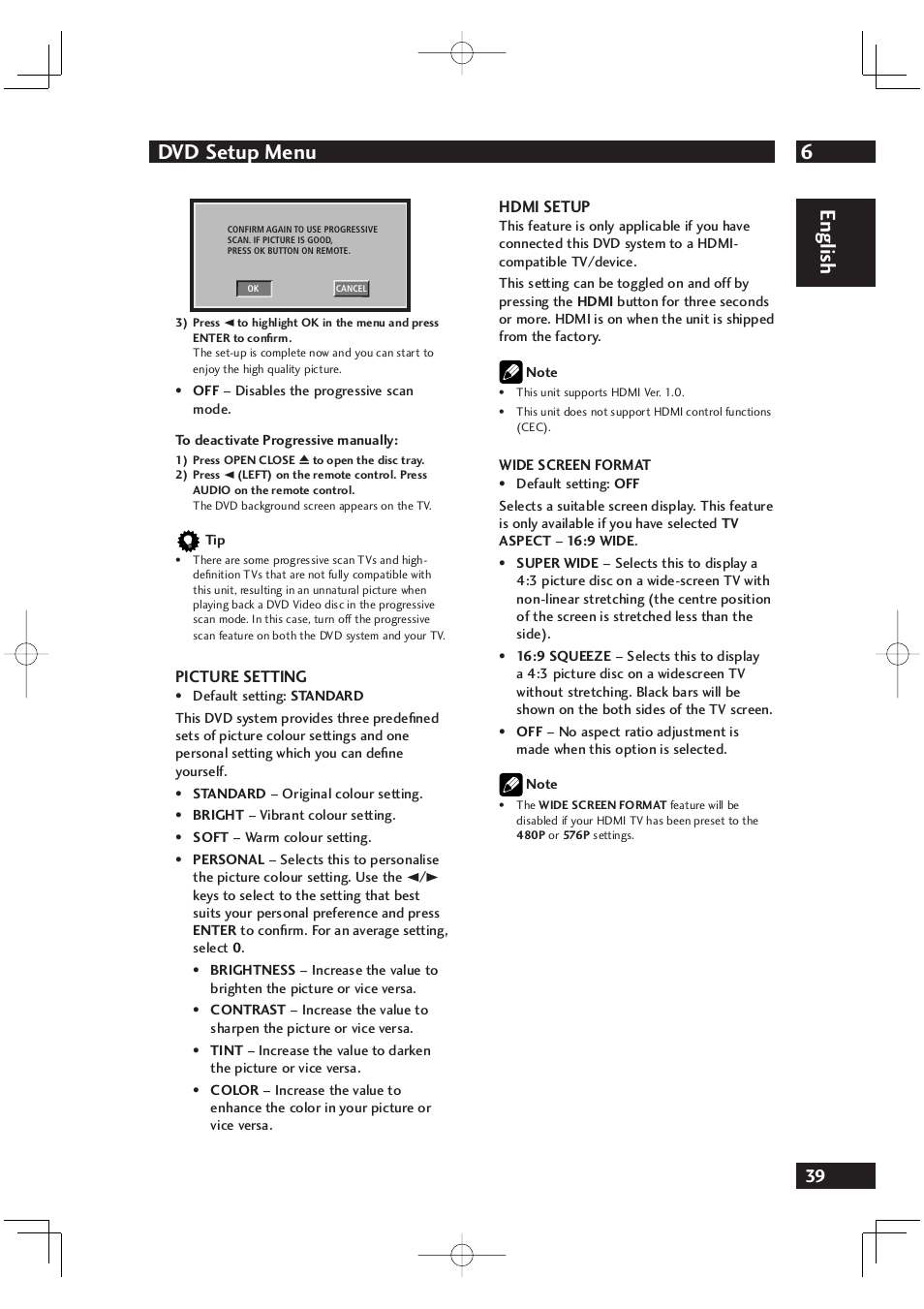 6dvd setup menu, English | Marantz DV4001 User Manual | Page 39 / 54