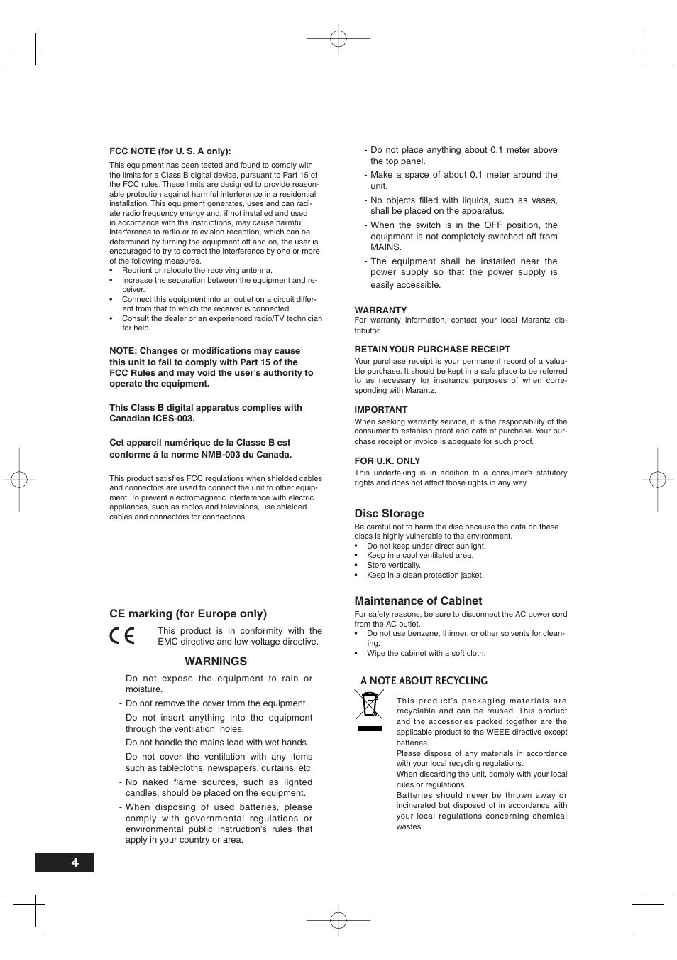 Ce marking (for europe only), Disc storage, Maintenance of cabinet | Warnings | Marantz DV4001 User Manual | Page 4 / 54