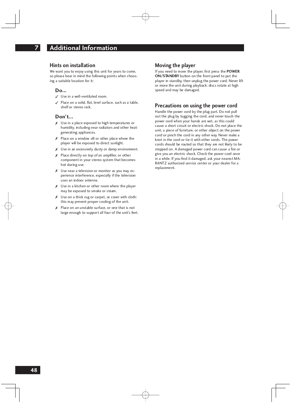 Additional information 7, 48 hints on installation, Moving the player | Precautions on using the power cord | Marantz DV4001 User Manual | Page 48 / 54