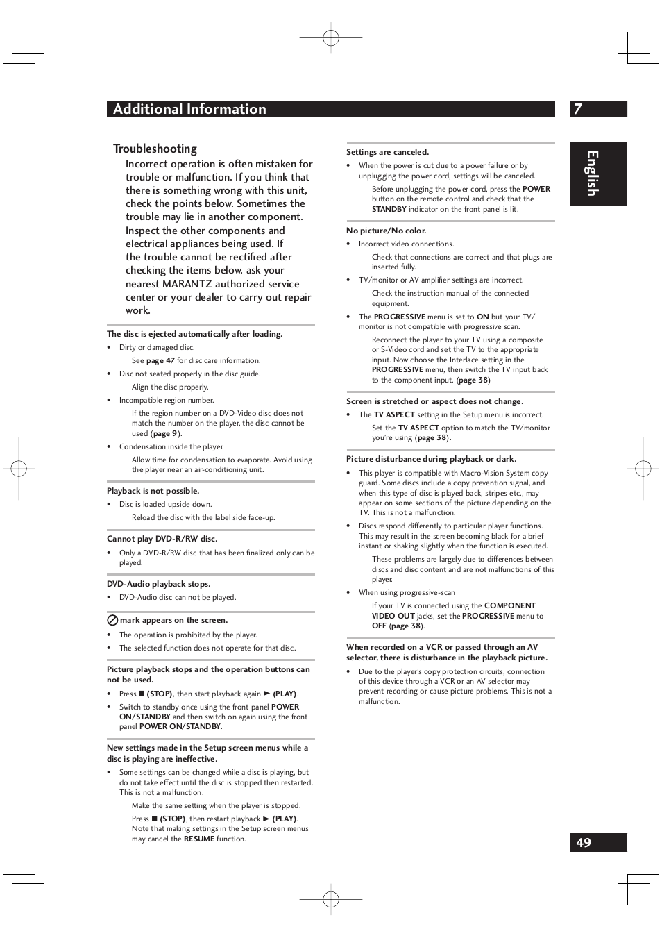 7additional information, English, Troubleshooting | Marantz DV4001 User Manual | Page 49 / 54