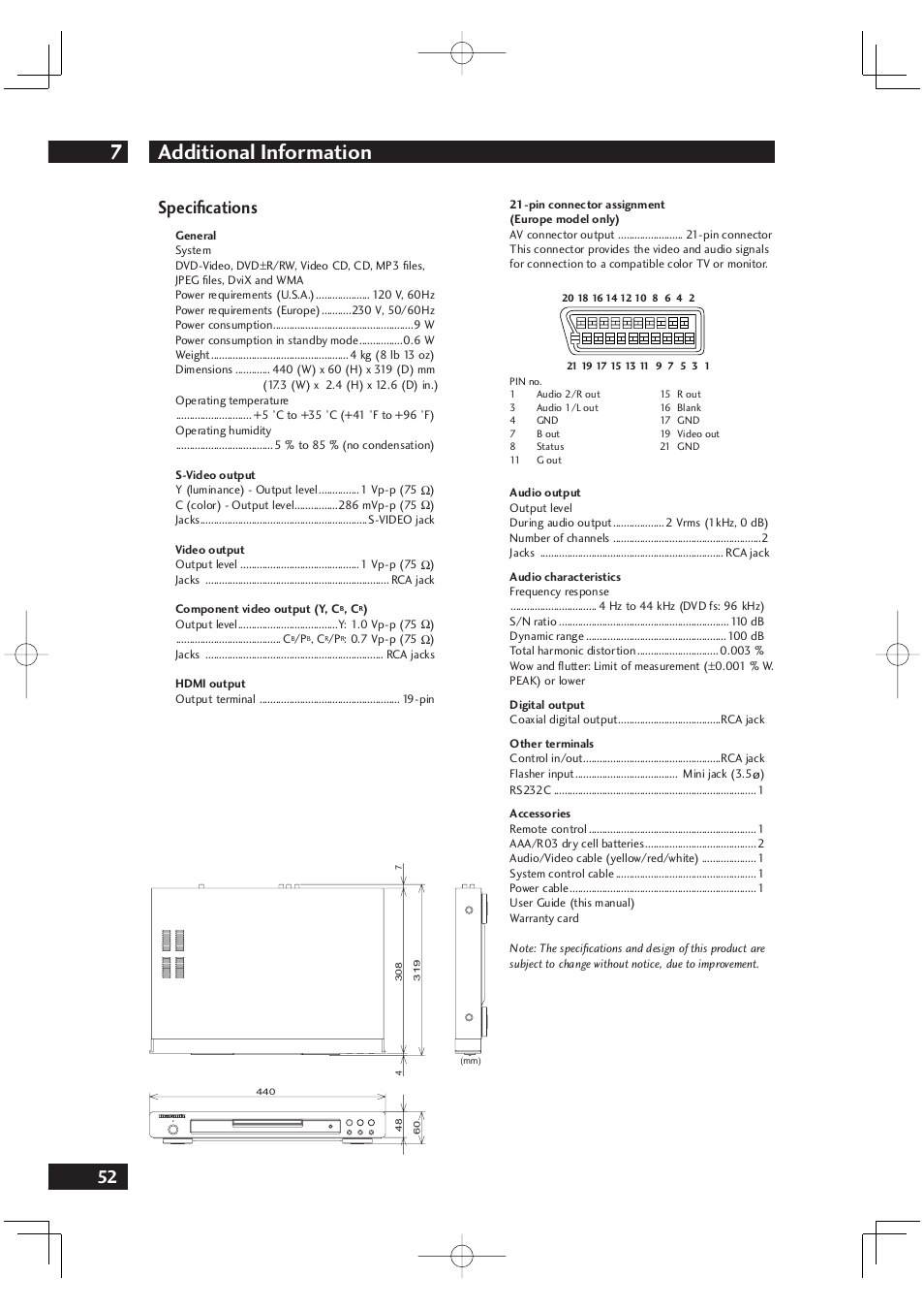 Additional information 7, 52 specifi cations | Marantz DV4001 User Manual | Page 52 / 54