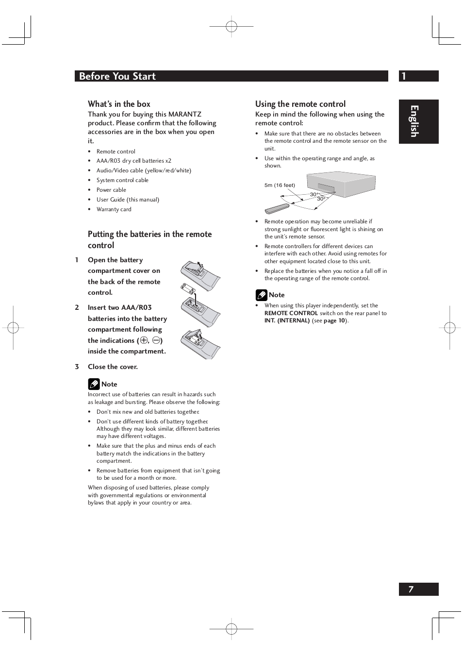 1before you start, English, What’s in the box | Putting the batteries in the remote control, Using the remote control | Marantz DV4001 User Manual | Page 7 / 54