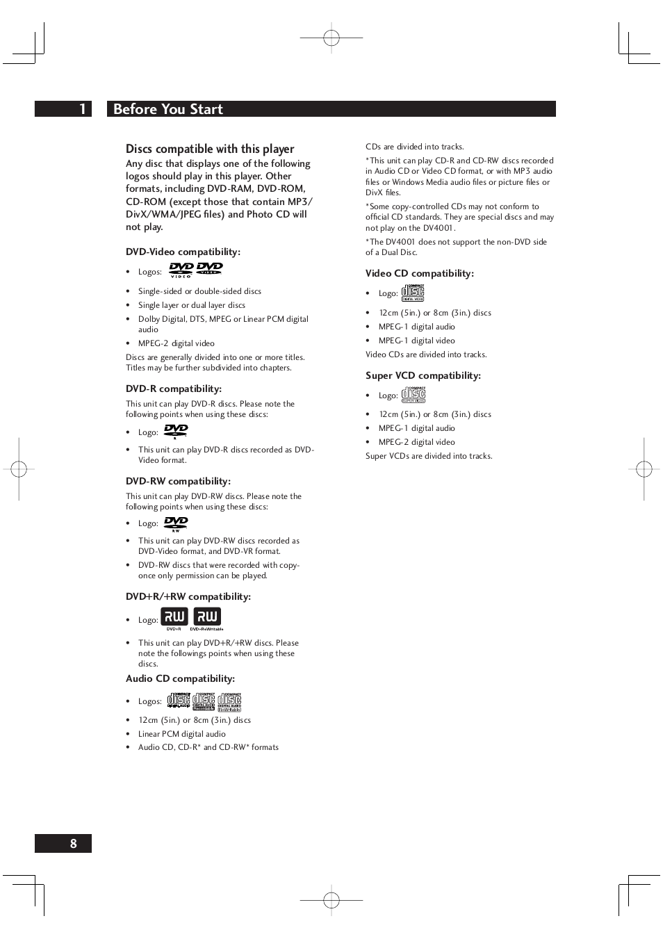 Before you start 1, 8discs compatible with this player | Marantz DV4001 User Manual | Page 8 / 54