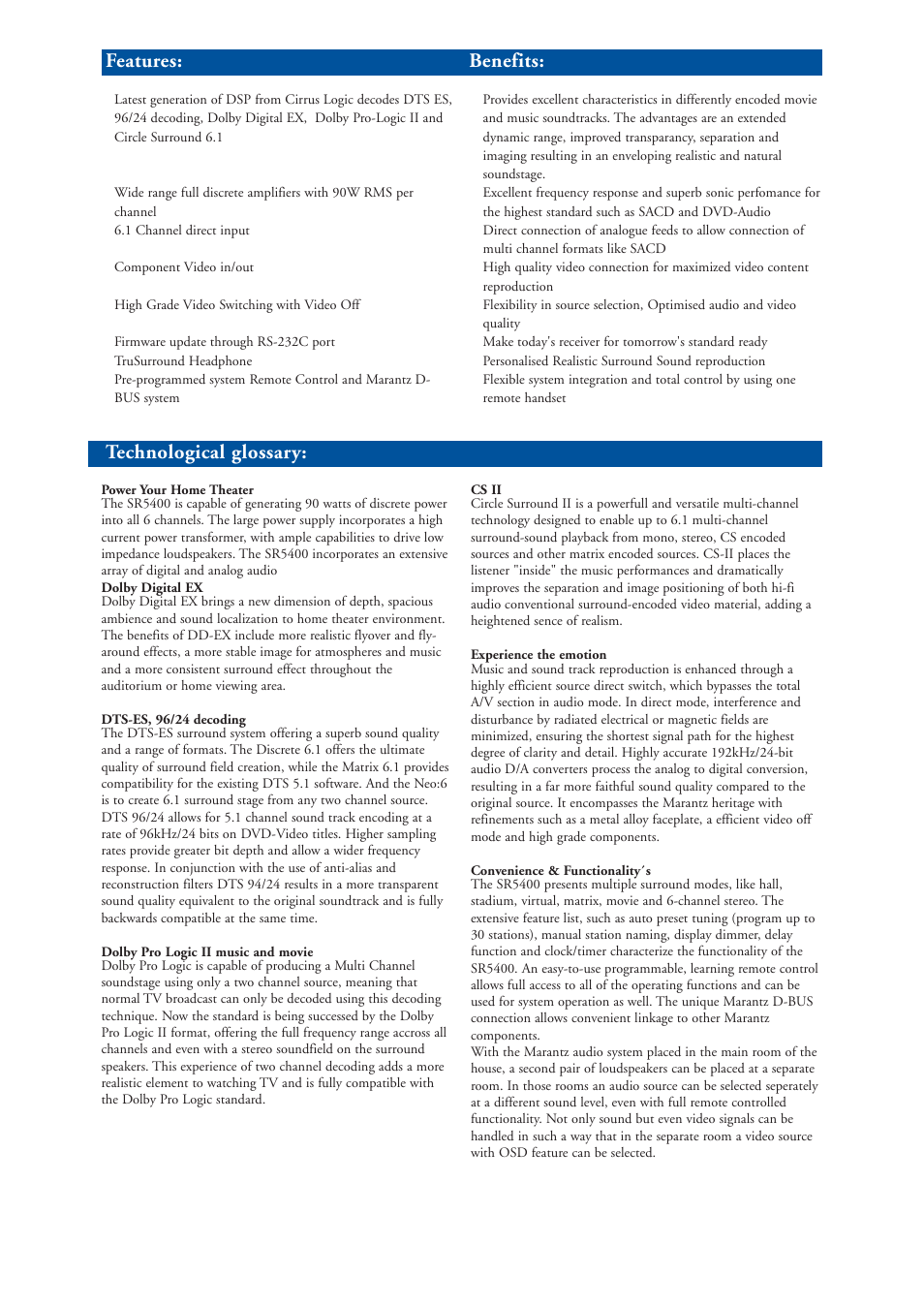 Technological glossary, Benefits: features | Marantz SR5400 User Manual | Page 2 / 4