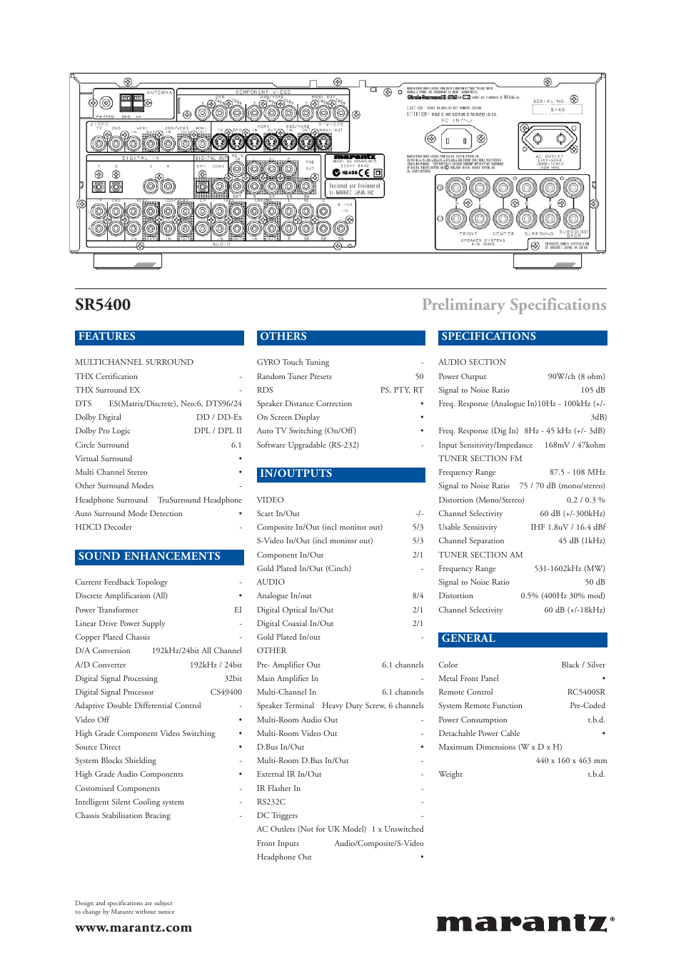 Sr5400, Preliminary specifications, Features | Sound enhancements, Others, In/outputs, Specifications, General | Marantz SR5400 User Manual | Page 4 / 4