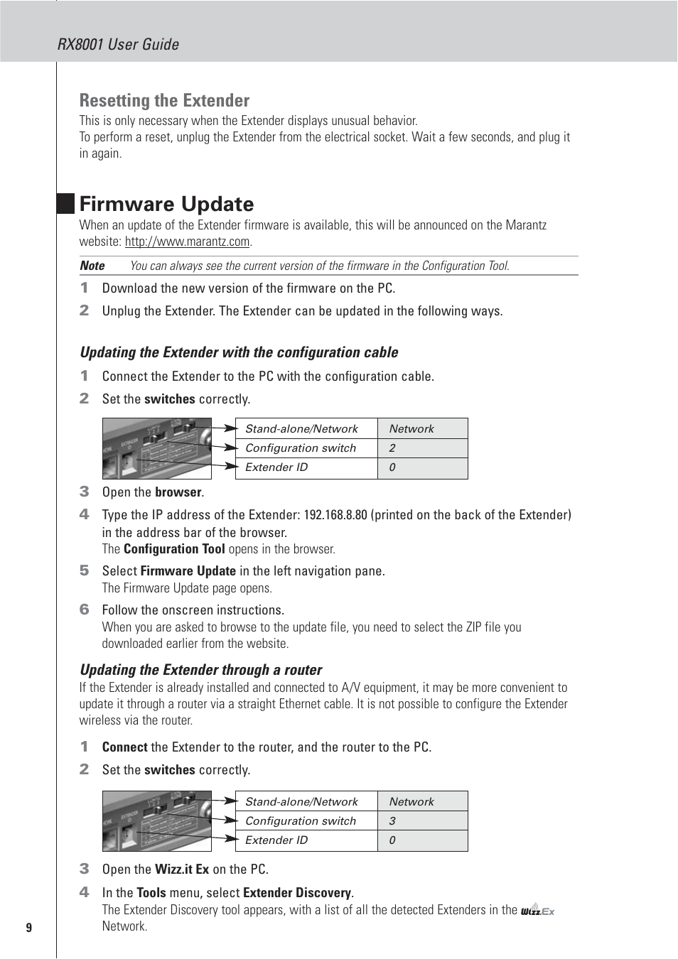 Firmware update, Resetting the extender, Rx8001 user guide | Marantz RX8001 User Manual | Page 12 / 20