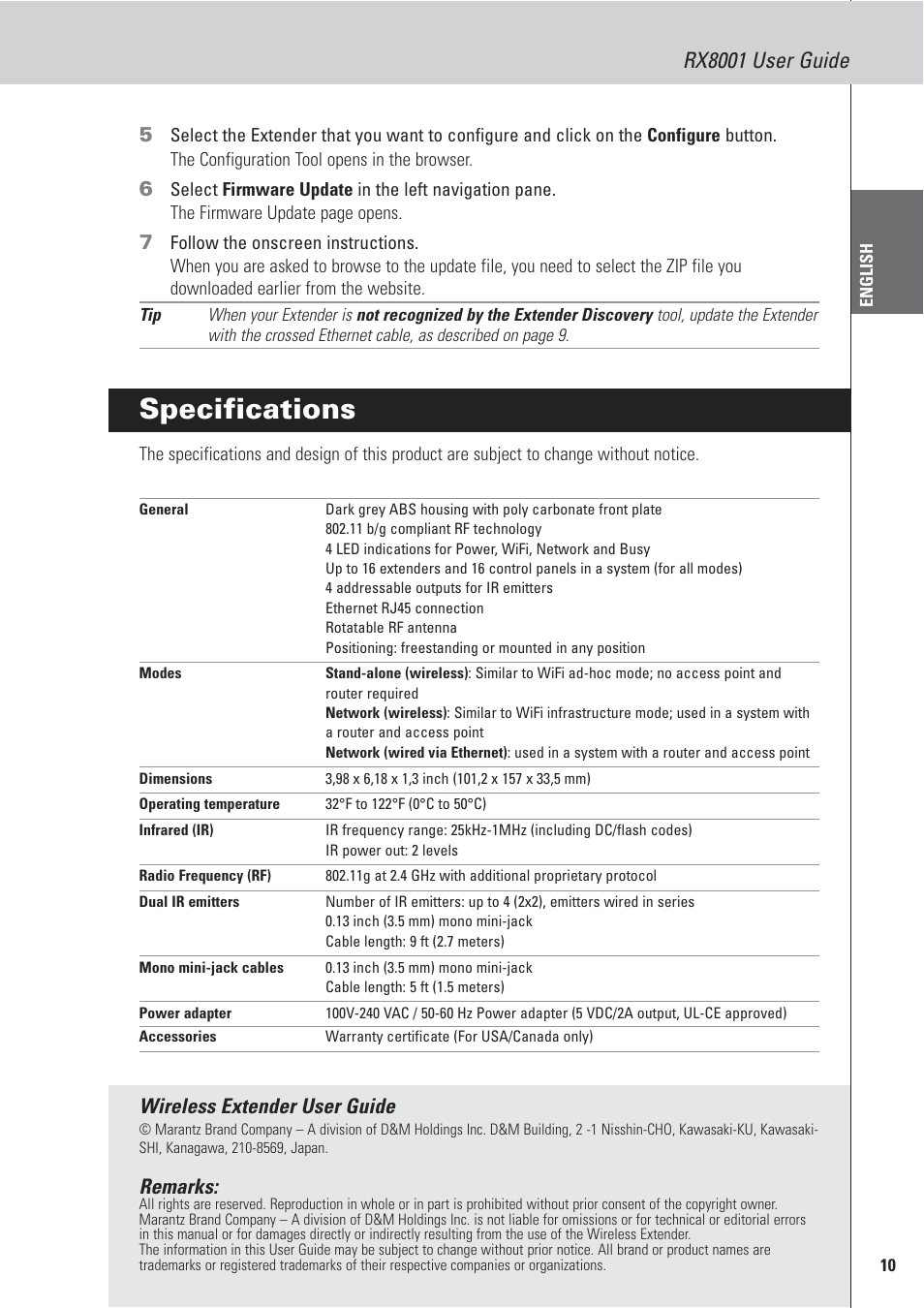 Specifications, Rx8001 user guide, Wireless extender user guide | Remarks | Marantz RX8001 User Manual | Page 13 / 20