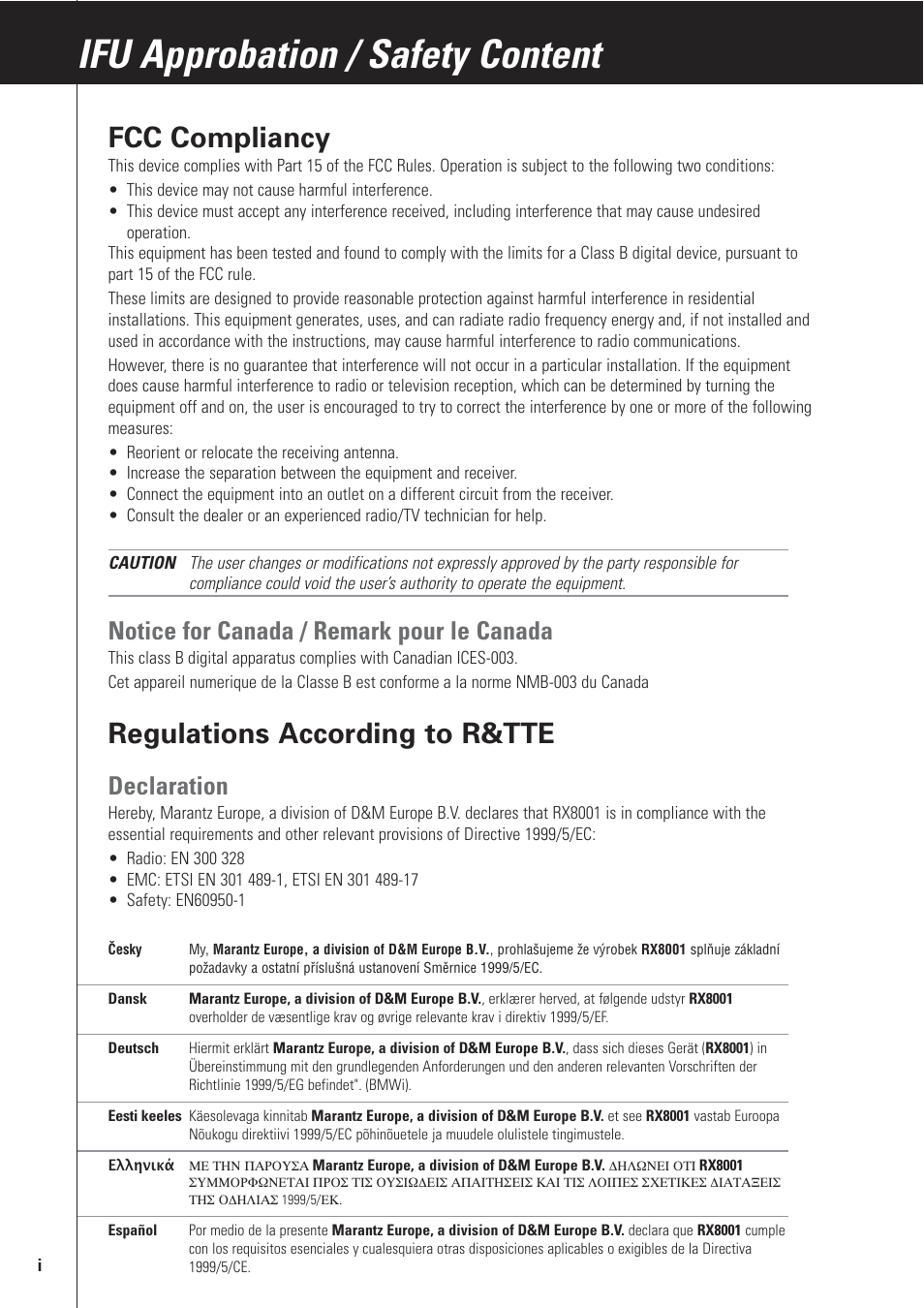 Ifu approbation / safety content, Fcc compliancy, Regulations according to r&tte | Notice for canada / remark pour le canada, Declaration | Marantz RX8001 User Manual | Page 14 / 20